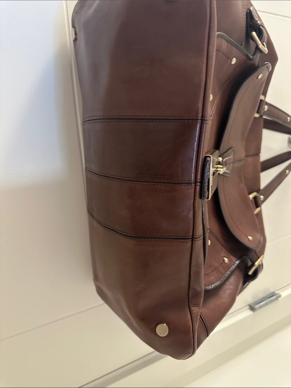 Boss Brown Leather Duffel Bag with Gold Hardware - Picture 3 of 12